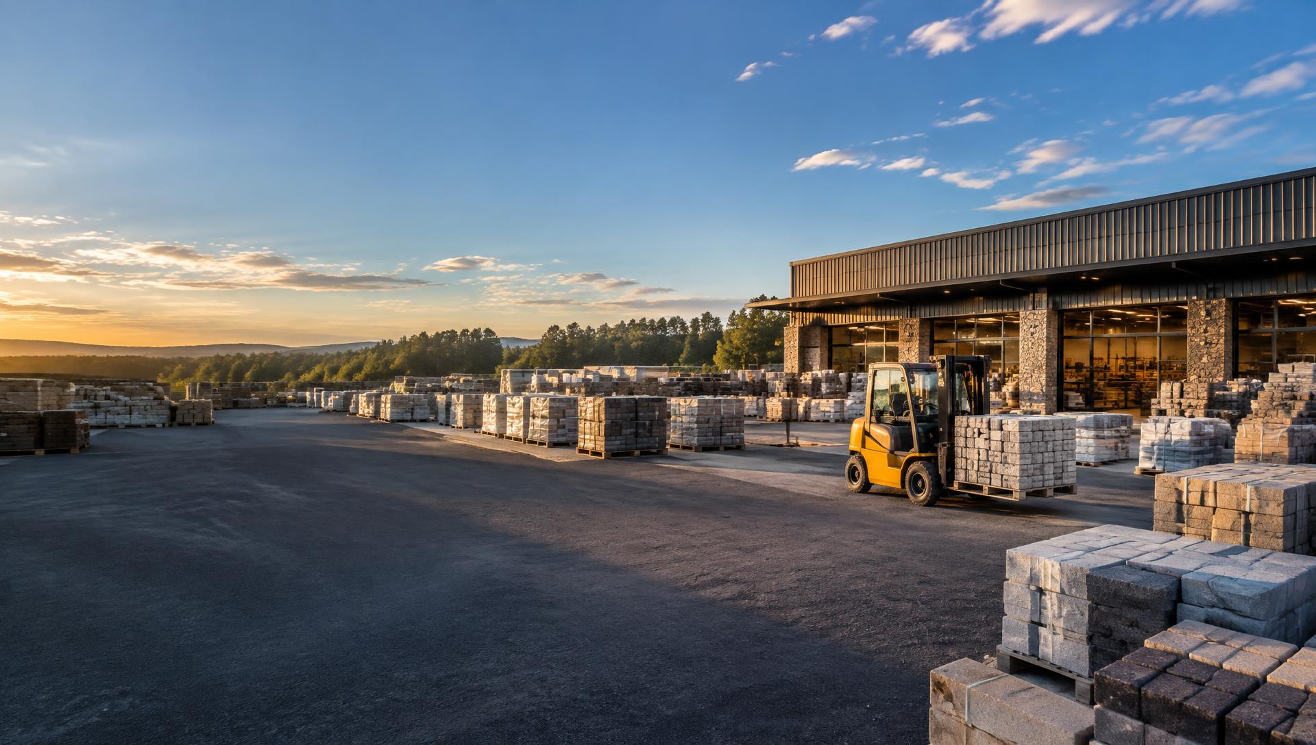 Modern hardscape supply yard with paver pallets and a forklift